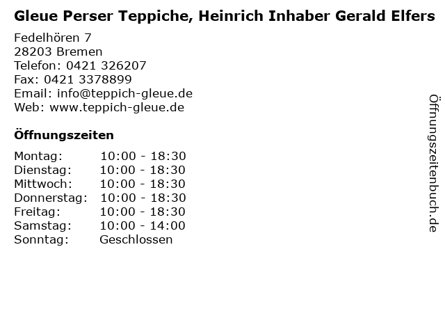 Gleue Perser Teppiche, Heinrich Inhaber Gerald Elfers in Bremen: Adresse und Öffnungszeiten
