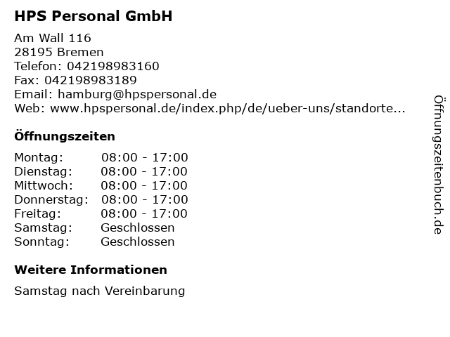 HPS Personal GmbH in Bremen: Adresse und Öffnungszeiten