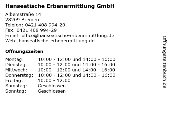Hanseatische Erbenermittlung GmbH in Bremen: Adresse und Öffnungszeiten