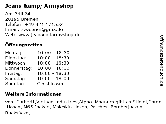 Jeans & Armyshop in Bremen: Adresse und Öffnungszeiten