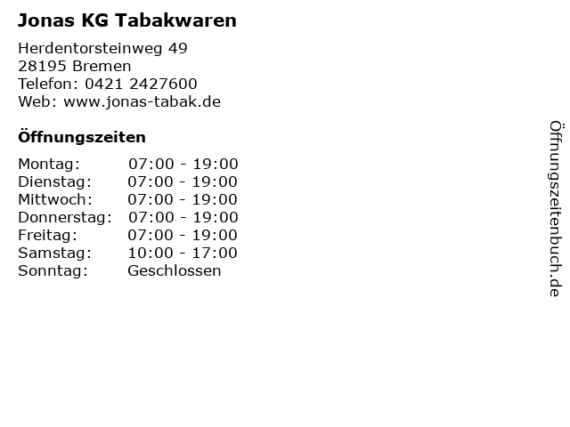 Jonas KG Tabakwaren in Bremen: Adresse und Öffnungszeiten
