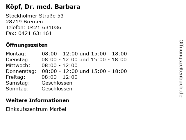 Köpf, Dr. med. Barbara in Bremen: Adresse und Öffnungszeiten