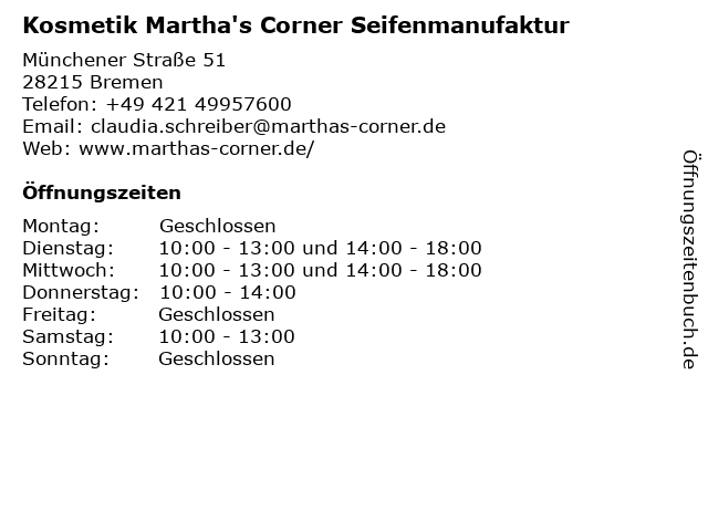 Kosmetik Martha's Corner Seifenmanufaktur in Bremen: Adresse und Öffnungszeiten