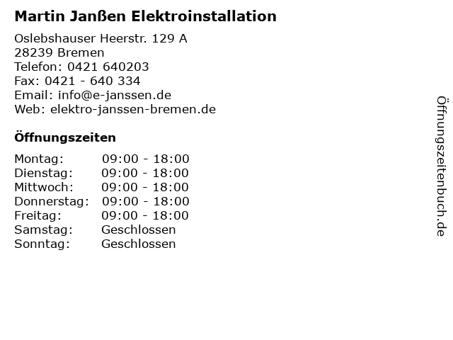 Martin Janßen Elektroinstallation in Bremen: Adresse und Öffnungszeiten