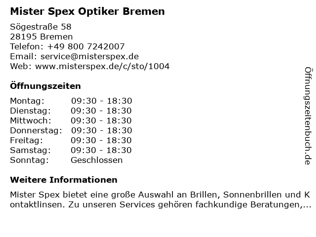 Mister Spex Optiker Bremen in Bremen: Adresse und Öffnungszeiten