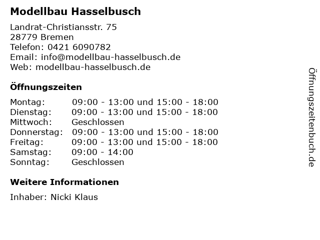 Modellbau Hasselbusch - Cars, Trucks & More in Bremen: Adresse und Öffnungszeiten