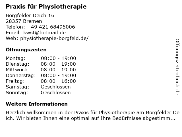 Praxis für Physiotherapie in Bremen: Adresse und Öffnungszeiten