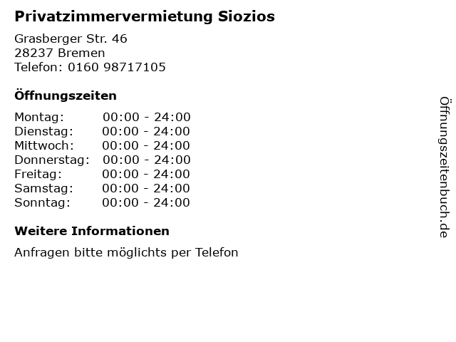 Privatzimmervermietung Siozios in Bremen: Adresse und Öffnungszeiten