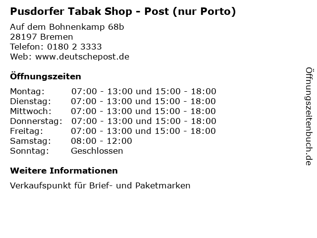 Pusdorfer Tabak Shop - Post (nur Porto) in Bremen: Adresse und Öffnungszeiten
