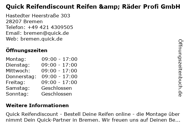 Quick Reifendiscount Reifen & Räder Profi GmbH in Bremen: Adresse und Öffnungszeiten