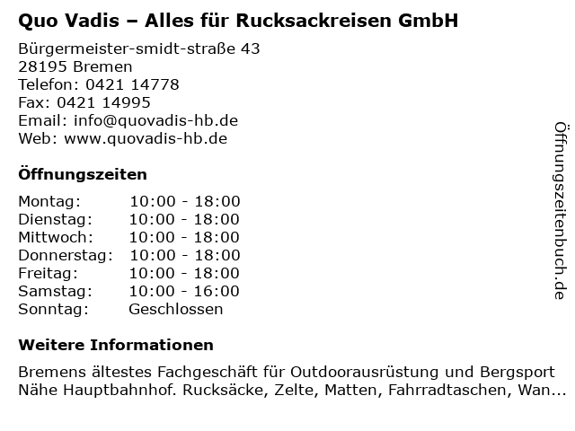 Quo Vadis – Alles für Rucksackreisen GmbH in Bremen: Adresse und Öffnungszeiten