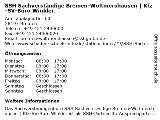 SSH Sachverständige Bremen-Woltmershausen | Kfz-SV-Büro Winkler in Bremen: Adresse und Öffnungszeiten