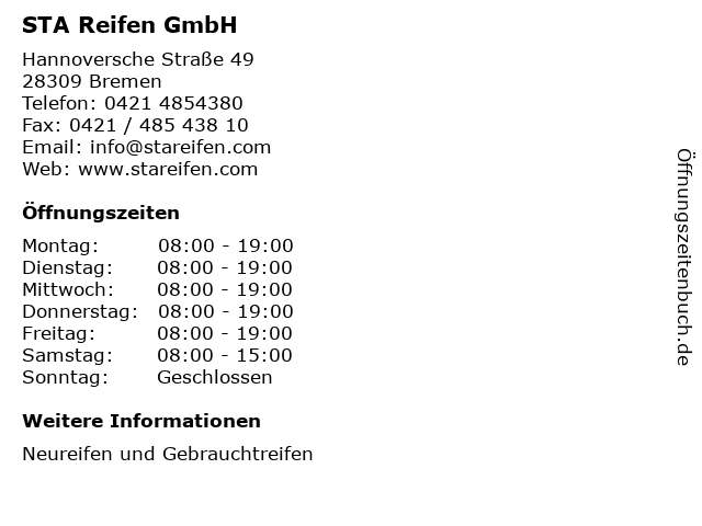 STA Reifen GmbH in Bremen: Adresse und Öffnungszeiten