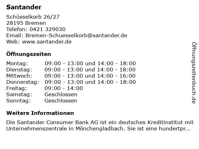 Santander in Bremen: Adresse und Öffnungszeiten
