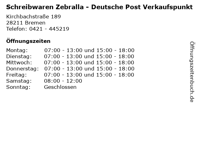 Schreibwaren Zebralla - Deutsche Post Verkaufspunkt in Bremen: Adresse und Öffnungszeiten