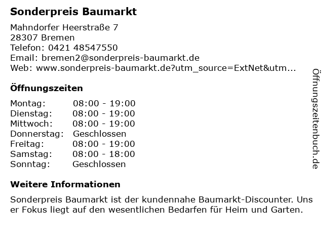Sonderpreis Baumarkt in Bremen: Adresse und Öffnungszeiten
