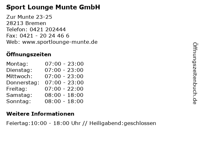 Sport Lounge Munte GmbH in Bremen: Adresse und Öffnungszeiten