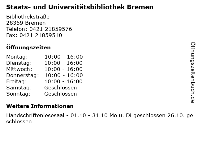 Staats- und Universitätsbibliothek Bremen in Bremen: Adresse und Öffnungszeiten