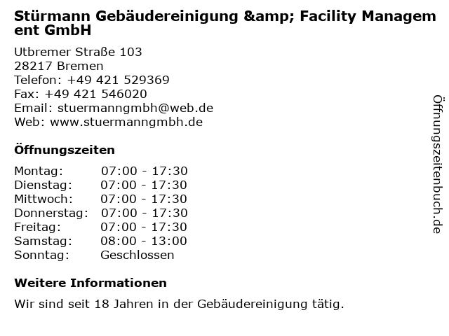 Stürmann Gebäudereinigung & Facility Management GmbH in Bremen: Adresse und Öffnungszeiten