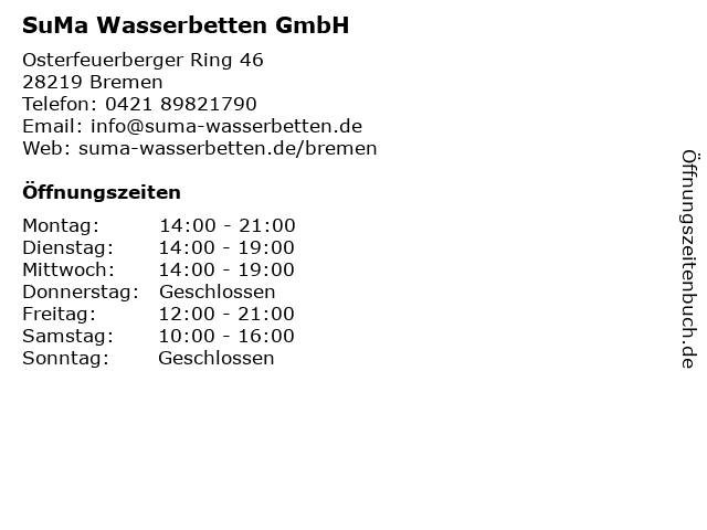 SuMa Wasserbetten GmbH in Bremen: Adresse und Öffnungszeiten
