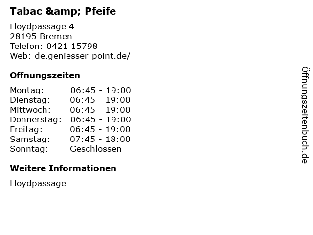 Tabac & Pfeife in Bremen: Adresse und Öffnungszeiten