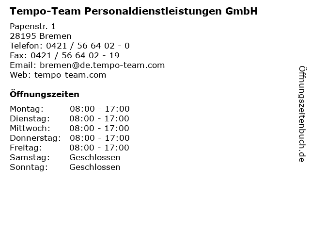 Tempo-Team Personaldienstleistungen GmbH in Bremen: Adresse und Öffnungszeiten