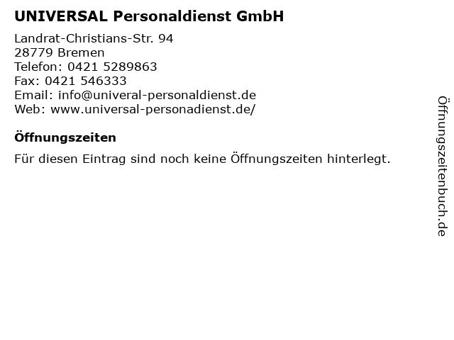 UNIVERSAL Personaldienst GmbH in Bremen: Adresse und Öffnungszeiten