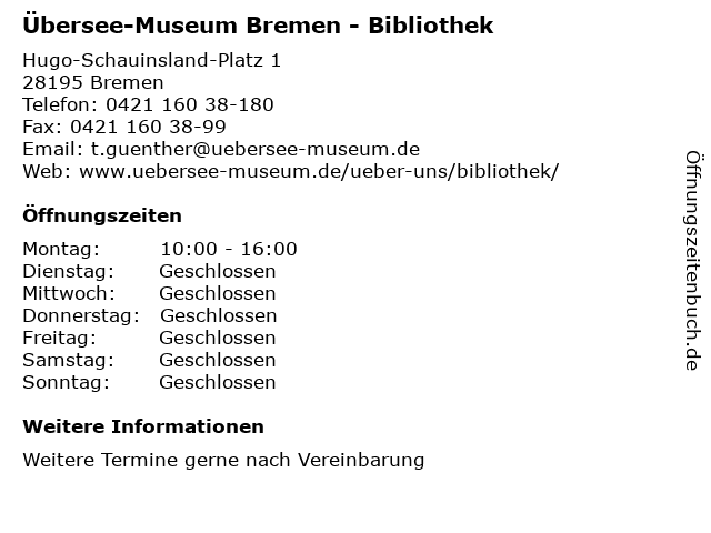 Übersee-Museum Bremen - Bibliothek in Bremen: Adresse und Öffnungszeiten