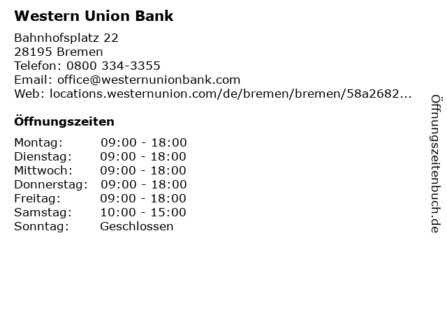 ᐅ Öffnungszeiten „Western Union Bank“ | Bahnhofsplatz 22 in Bremen