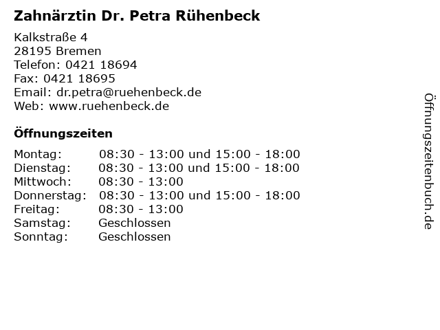 Zahnärztin Dr. Petra Rühenbeck in Bremen: Adresse und Öffnungszeiten