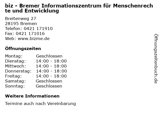 biz - Bremer Informationszentrum für Menschenrechte und Entwicklung in Bremen: Adresse und Öffnungszeiten