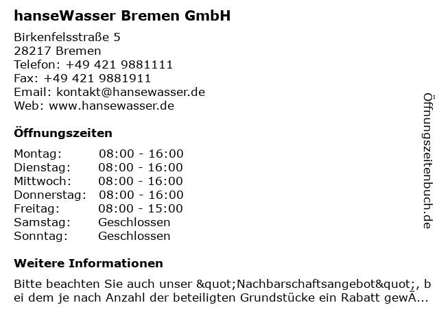 hanseWasser Bremen GmbH in Bremen: Adresse und Öffnungszeiten
