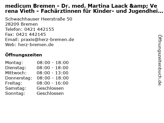medicum Bremen - Dr. med. Martina Laack & Verena Vieth - Fachärztinnen für Kinder- und Jugendheilkunde in Bremen: Adresse und Öffnungszeiten