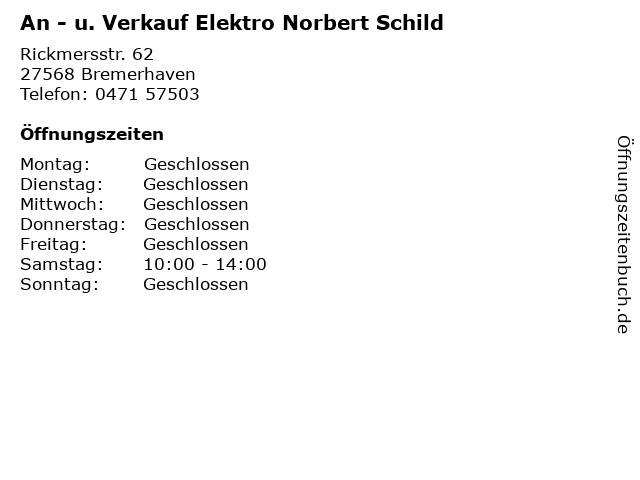An - u. Verkauf Elektro Norbert Schild in Bremerhaven: Adresse und Öffnungszeiten