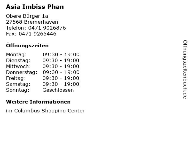 Asia Imbiss Phan in Bremerhaven: Adresse und Öffnungszeiten