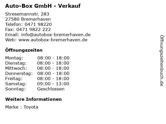 Auto-Box GmbH - Verkauf in Bremerhaven: Adresse und Öffnungszeiten