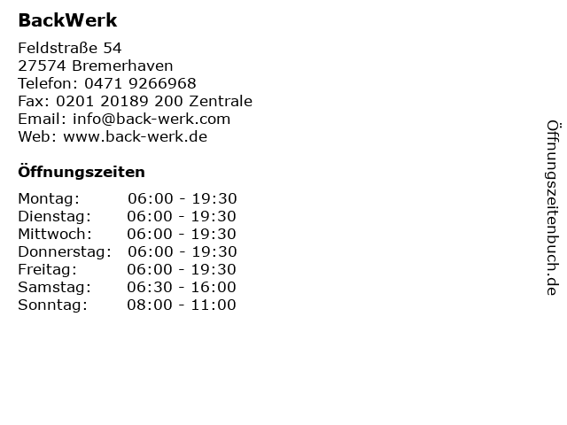 BackWerk in Bremerhaven: Adresse und Öffnungszeiten