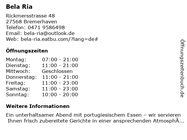 Bela Ria in Bremerhaven: Adresse und Öffnungszeiten