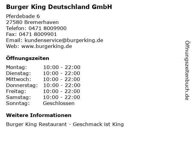 Burger King Deutschland GmbH in Bremerhaven: Adresse und Öffnungszeiten