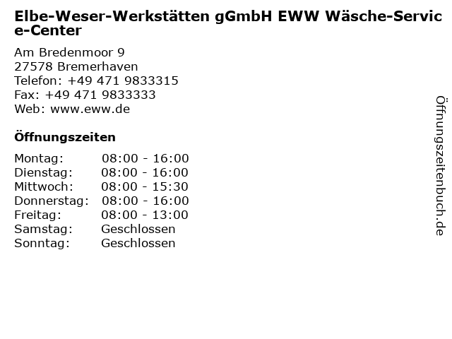 Elbe-Weser-Werkstätten gGmbH EWW Wäsche-Service-Center in Bremerhaven: Adresse und Öffnungszeiten