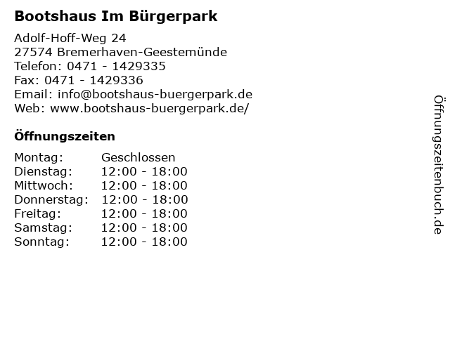 Bootshaus Im Bürgerpark in Bremerhaven-Geestemünde: Adresse und Öffnungszeiten