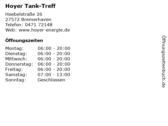 Hoyer Tank-Treff in Bremerhaven: Adresse und Öffnungszeiten