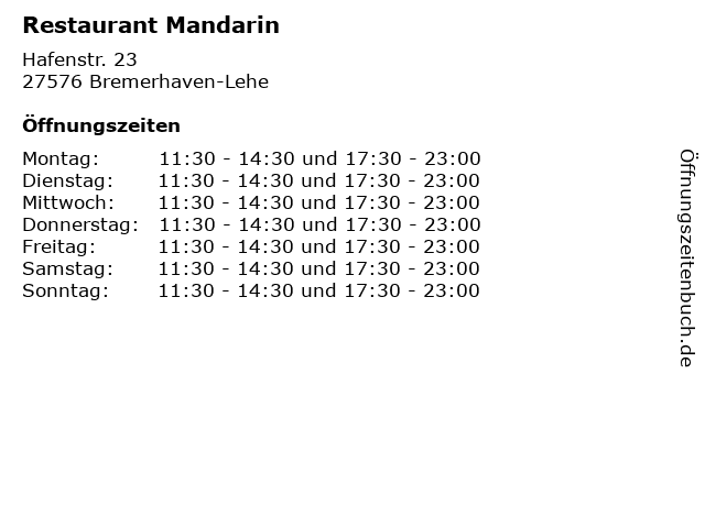 Restaurant Mandarin in Bremerhaven-Lehe: Adresse und Öffnungszeiten