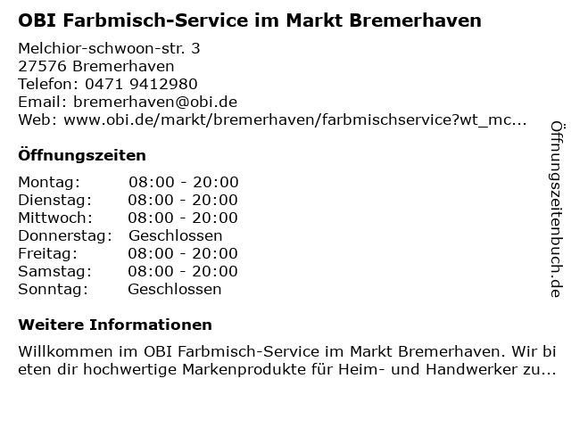 OBI Farbmisch-Service im Markt Bremerhaven in Bremerhaven: Adresse und Öffnungszeiten
