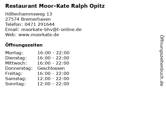 Restaurant Moor-Kate Ralph Opitz in Bremerhaven: Adresse und Öffnungszeiten