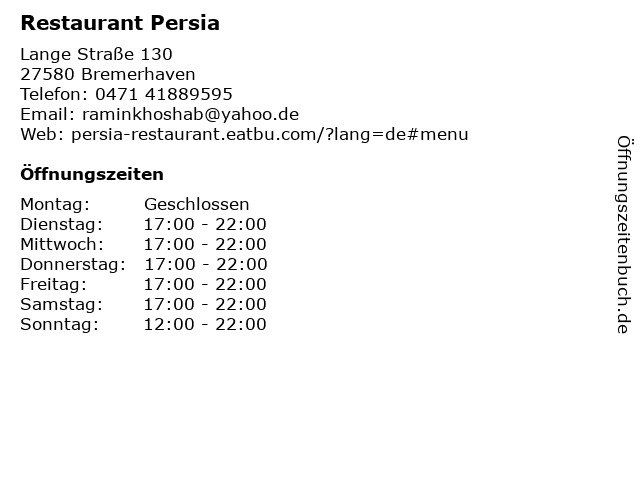 Restaurant Persia in Bremerhaven: Adresse und Öffnungszeiten