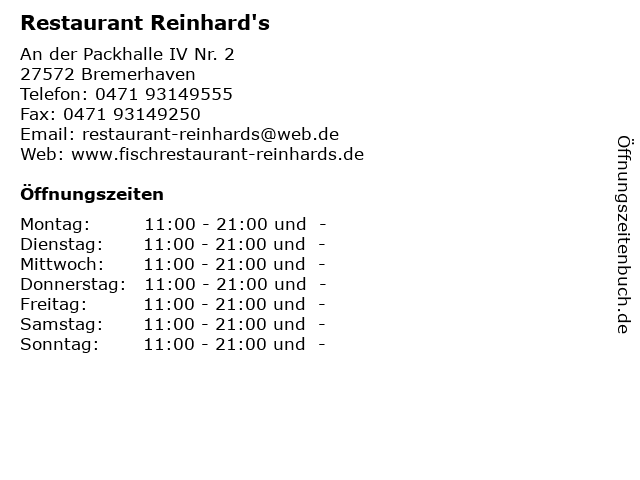 Restaurant Reinhard's in Bremerhaven: Adresse und Öffnungszeiten