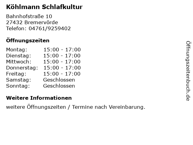 Köhlmann Schlafkultur in Bremervörde: Adresse und Öffnungszeiten
