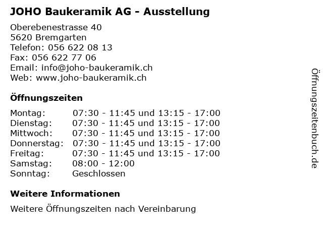 JOHO Baukeramik AG - Ausstellung in Bremgarten: Adresse und Öffnungszeiten