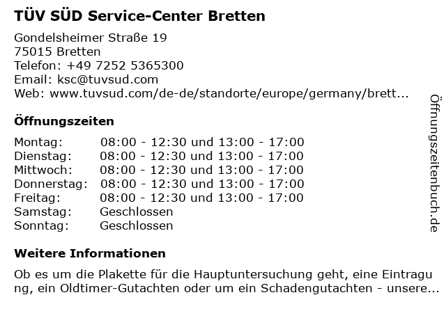 TÜV SÜD Service-Center Bretten in Bretten: Adresse und Öffnungszeiten